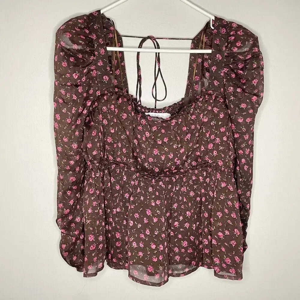 NWT New ASTR The Label Floral Print Smocked Babydoll Top Size L - Picture 7 of 12